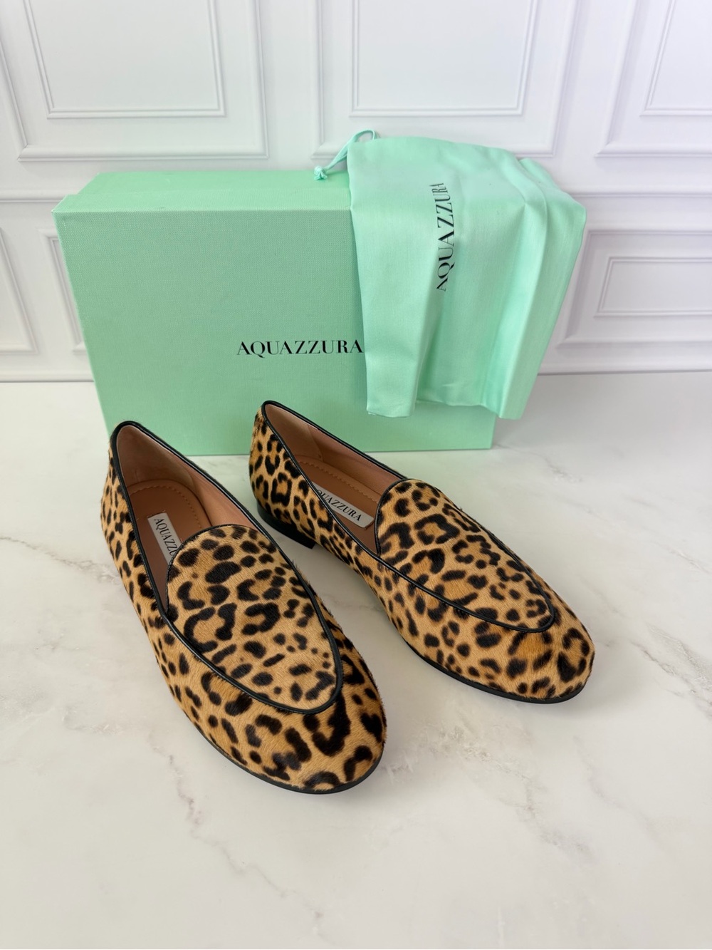 Aquazzura Guanto Slipper Leopard Calf Hair Loafers Flats EU 37 US 7 NIB